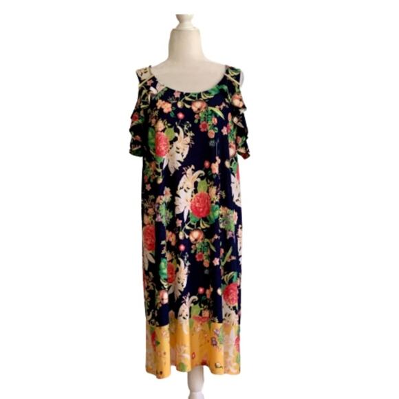 Rafaella Dress Blue Pink Yellow Floral Cold Shoulder Short Sleeve Dress Large - Picture 1 of 15